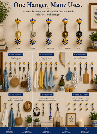 Yellow and Blue Color Ceramic Knob With Metal Wall Hanger