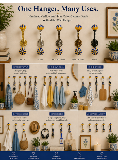 Yellow and Blue Color Ceramic Knob With Metal Wall Hanger