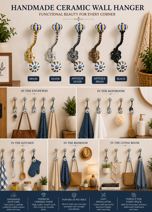 Yellow and Blue Ceramic Knob With Metal Wall Hanger