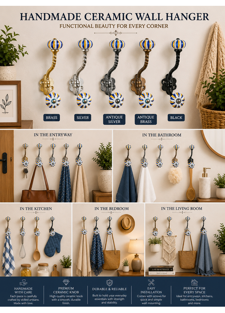Yellow and Blue Ceramic Knob With Metal Wall Hanger