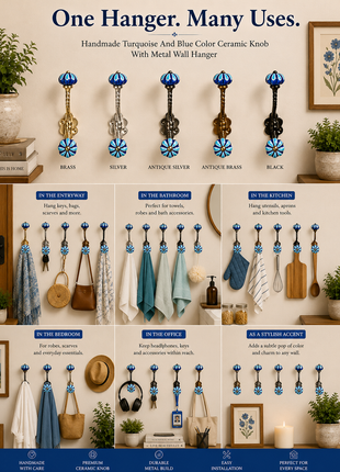 Turquoise and Blue Color Knob With Metal Wall Hanger