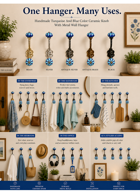 Turquoise and Blue Color Knob With Metal Wall Hanger