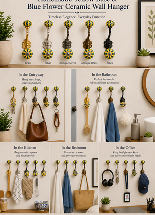 Yellow Base and Blue Flower Knob With Metal Wall Hanger