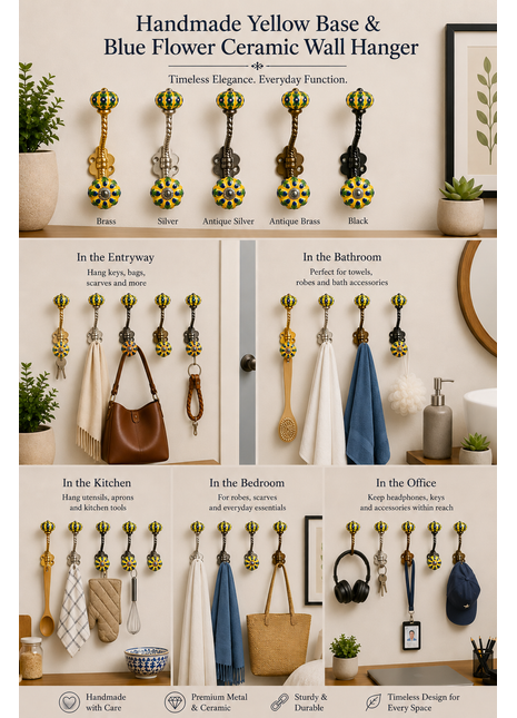Yellow Base and Blue Flower Knob With Metal Wall Hanger