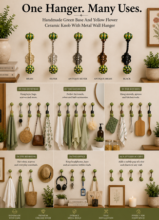 Green Base and Yellow Flower knob with Metal Wall Hanger
