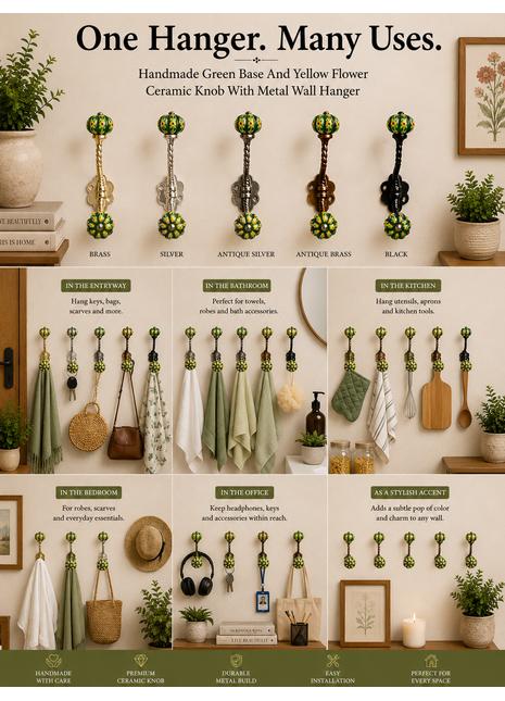 Green Base and Yellow Flower knob with Metal Wall Hanger