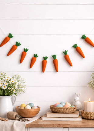 Wool Felt Easter Carrot Garland – Handmade Spring Bunny Decor