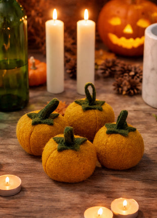 Wool Felt Pumpkin Halloween Decor 4 Inch – Handmade Fall (Set Of Four)