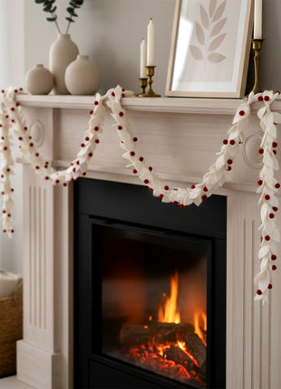 Wool Felt Christmas Leaf Garland 6 Feet White & Red color Décor