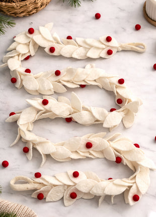 Wool Felt Christmas Leaf Garland 6 Feet White & Red color Décor