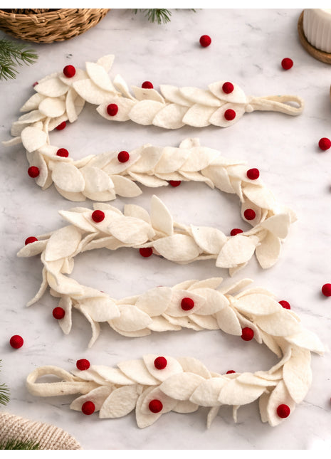Wool Felt Christmas Leaf Garland 6 Feet White & Red color Décor