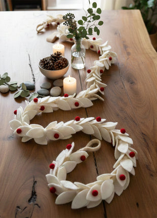 Wool Felt Christmas Leaf Garland 6 Feet White & Red color Décor