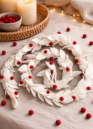 Wool Felt Christmas Leaf Garland 6 Feet White & Red color Décor