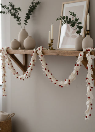 Wool Felt Christmas Leaf Garland 6 Feet White & Red color Décor