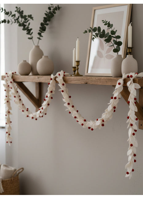 Wool Felt Christmas Leaf Garland 6 Feet White & Red color Décor