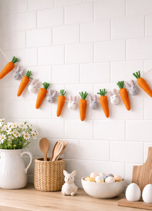 Easter Carrot & Rabbit Garland – Rustic Spring Bunny Home Decor