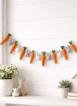 Easter Carrot & Rabbit Garland – Rustic Spring Bunny Home Decor