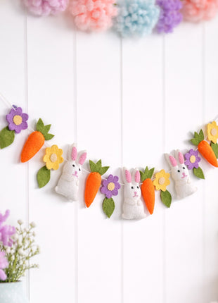 Easter Carrot, Rabbit & Flower Garland – Rustic Spring Bunny Home Decor