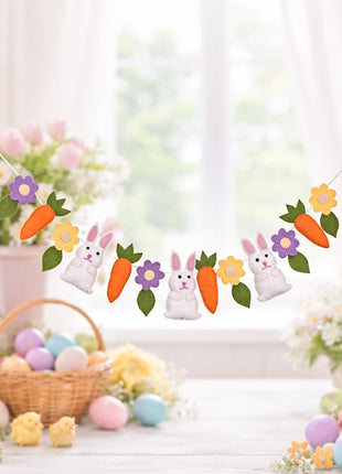 Easter Carrot, Rabbit & Flower Garland – Rustic Spring Bunny Home Decor