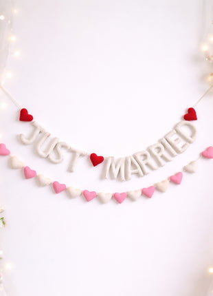 Just Married & Heart Shape Wool Felt Garland – 8–10 cm White Letters