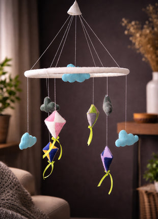 Handmade Wool Felt Baby Crib Mobile – Cloud & Kite Nursery Hanging Decor for Kids Room