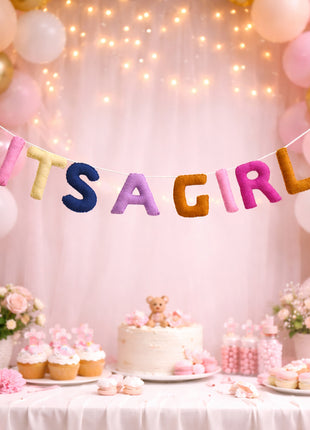 Handmade Wool Felt “It’s a Girl” Garland – Colorful Baby Shower Party Banner