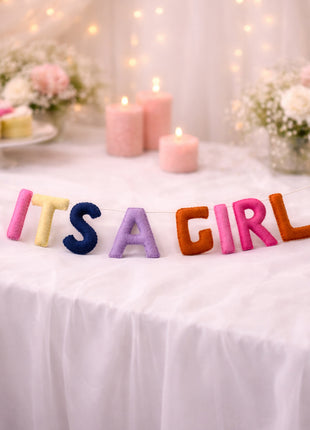 Handmade Wool Felt “It’s a Girl” Garland – Colorful Baby Shower Party Banner