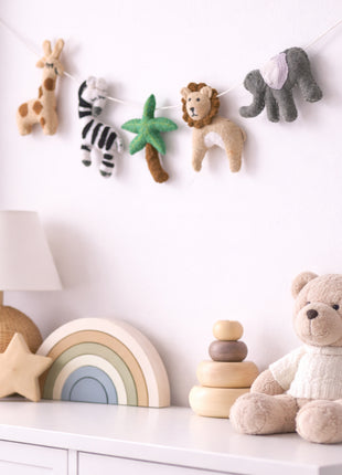 Handmade Wool Felt Safari Animal Garland – Baby Nursery Wall Hanging Decor