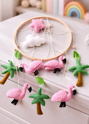 Handmade Wool Felt Flamingo Baby Crib Mobile – Tropical Nursery Hanging Decor