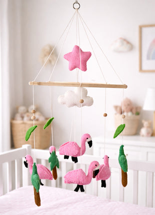Handmade Wool Felt Flamingo Baby Crib Mobile – Tropical Nursery Hanging Decor