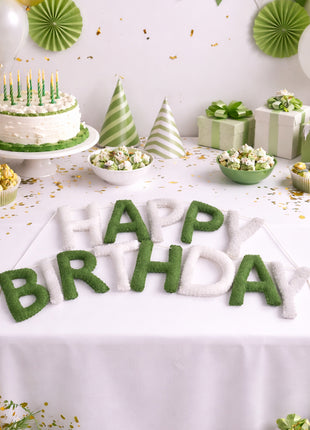 Handmade Wool Felt Happy Birthday Garland – Green & White Party Banner with 8–10 cm Letters