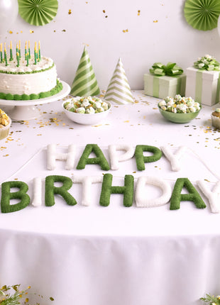Handmade Wool Felt Happy Birthday Garland – Green & White Party Banner with 8–10 cm Letters