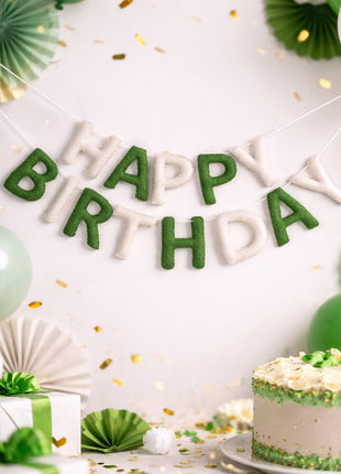 Handmade Wool Felt Happy Birthday Garland – Green & White Party Banner with 8–10 cm Letters