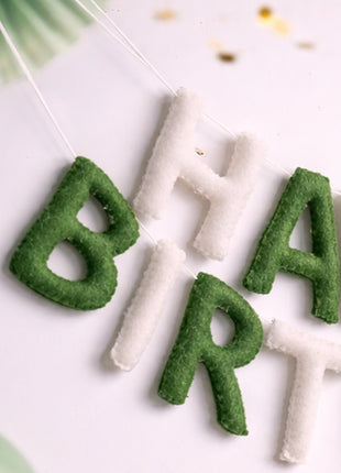 Handmade Wool Felt Happy Birthday Garland – Green & White Party Banner with 8–10 cm Letters