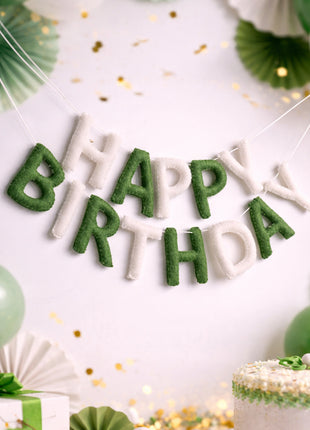 Handmade Wool Felt Happy Birthday Garland – Green & White Party Banner with 8–10 cm Letters