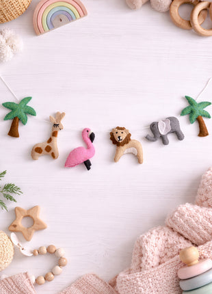 Handmade Wool Felt Safari Animal Garland – Jungle Nursery Wall Hanging Decor