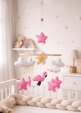 Handmade Wool Felt Flamingo Baby Crib Mobile – Star & Cloud Nursery Hanging Decor