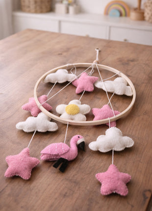 Handmade Wool Felt Flamingo Baby Crib Mobile – Star & Cloud Nursery Hanging Decor