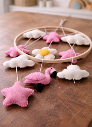 Handmade Wool Felt Flamingo Baby Crib Mobile – Star & Cloud Nursery Hanging Decor