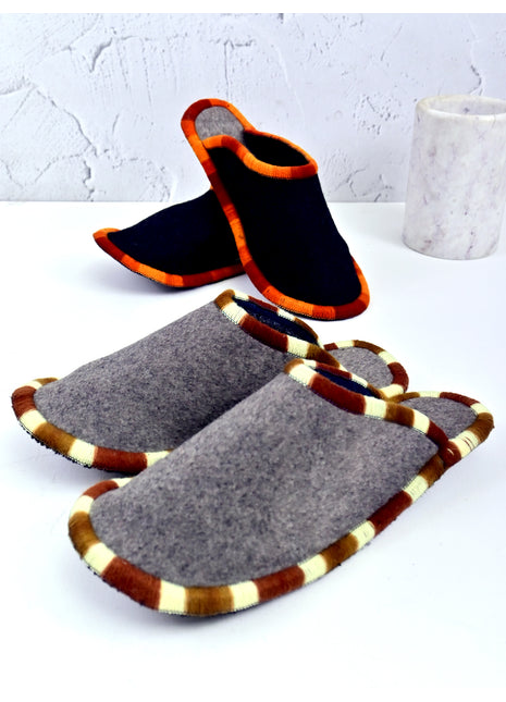 Handmade Natural Wool Felt Slippers – Black & Gray Soft Felt Sleepers | Lightweight & Breathable Footwear US7 Size (Set of Two)