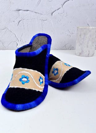 Handmade Natural Wool Felt Slippers – Blue -Black Soft Felt Sleepers | Lightweight & Breathable Footwear US7 Size