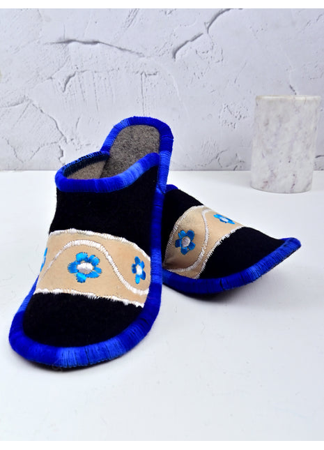 Handmade Natural Wool Felt Slippers – Blue -Black Soft Felt Sleepers | Lightweight & Breathable Footwear US7 Size