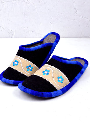 Handmade Natural Wool Felt Slippers – Blue -Black Soft Felt Sleepers | Lightweight & Breathable Footwear US7 Size