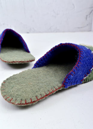 Handmade Natural Wool Felt Slippers – Green & Blue Soft Colorful Felt Sleepers | Cozy Indoor House Shoes | Lightweight & Breathable Footwear (Buy 1 Get 1)