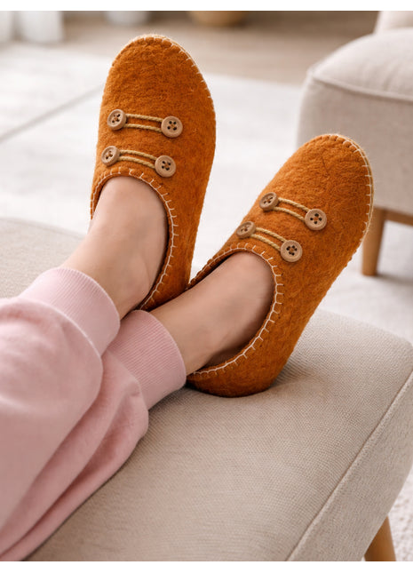 Handmade Natural Wool Felt Slippers – Orange Soft Felt Sleepers | Cozy Indoor House Shoes | Lightweight & Breathable Footwear (Buy 1 Get 1)