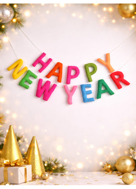 Handcrafted Wool Felt “Happy New Year” Garland – Colorful Festive Wall Hanging Décor
