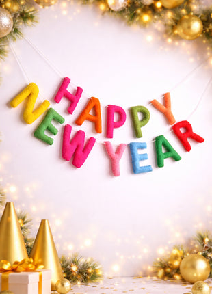 Handcrafted Wool Felt “Happy New Year” Garland – Colorful Festive Wall Hanging Décor