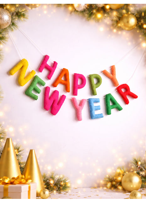 Handcrafted Wool Felt “Happy New Year” Garland – Colorful Festive Wall Hanging Décor