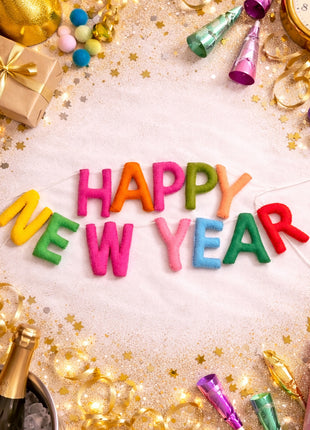 Handcrafted Wool Felt “Happy New Year” Garland – Colorful Festive Wall Hanging Décor