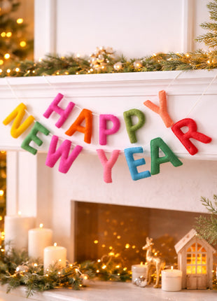 Handcrafted Wool Felt “Happy New Year” Garland – Colorful Festive Wall Hanging Décor